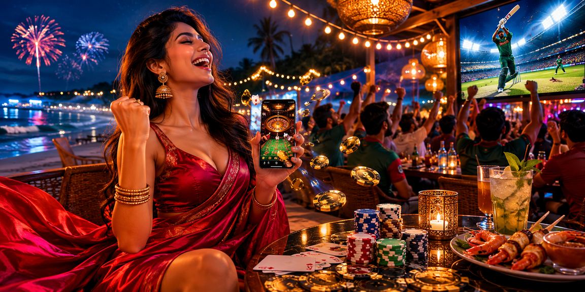 কক্সবাজারের সমুদ্র সৈকতে বসে মোবাইলে ক্রিকেট বেটিং উপভোগ করছেন একজন ব্যবহারকারী